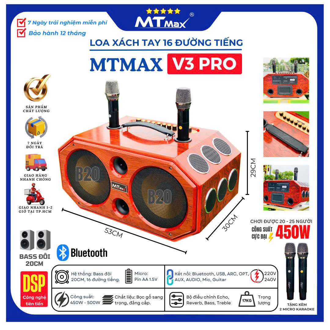 Loa Karaoke Xách Tay Cao Cấp MTMAX V3 Pro 16 Đường Tiếng, Hệ Thống Bass Đôi 20, 2 Treble, 12 Trung, Công Suất Mạnh Mẽ 350W-500W, Công Nghệ DSP Hiện Đại, Micro Không Dây Chống Hú hàng nhập khẩu