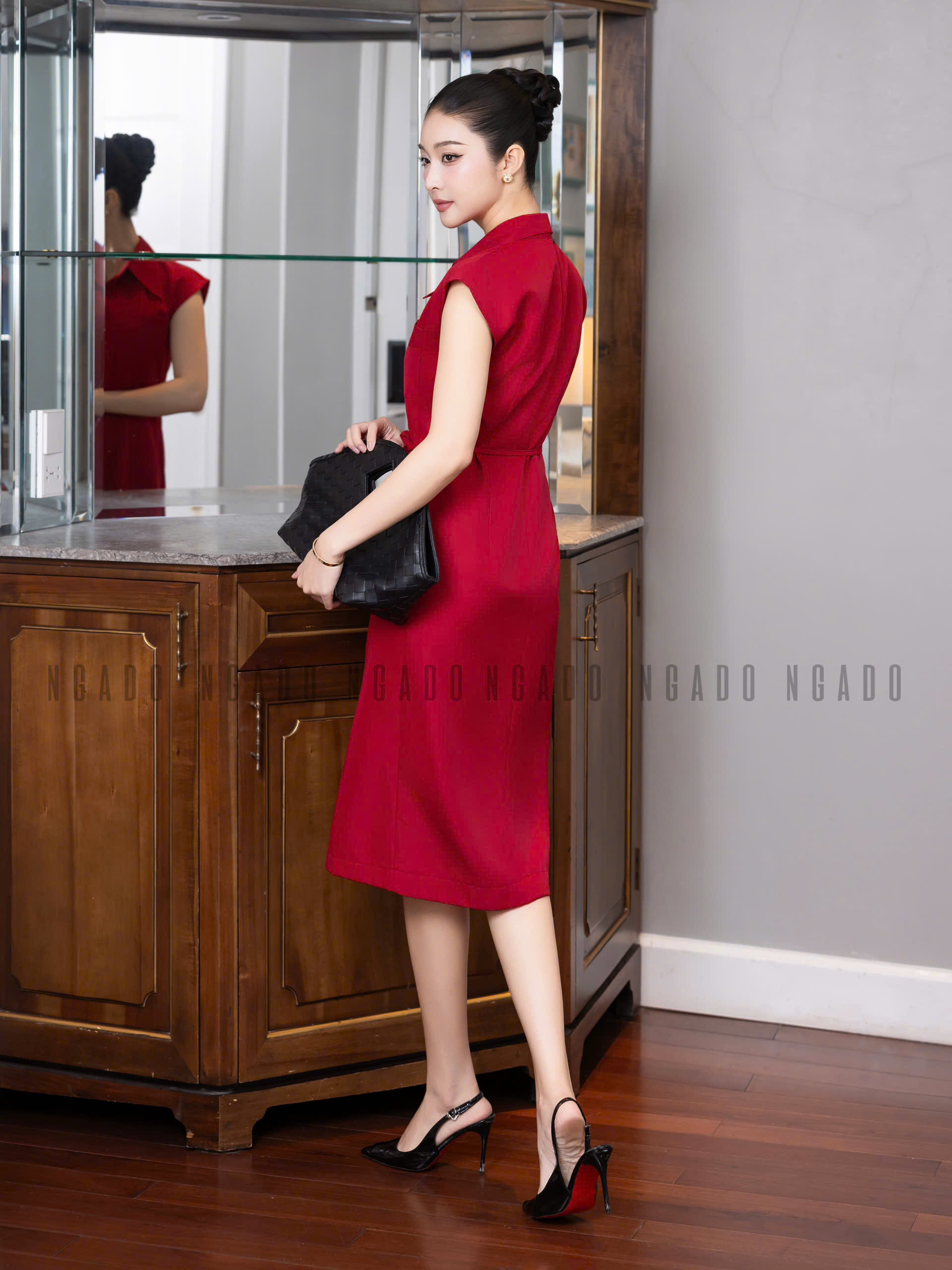 Đầm đỏ phối dây nơ NGADO , đầm kiểu Nữ , đầm công sở , dự tiệc