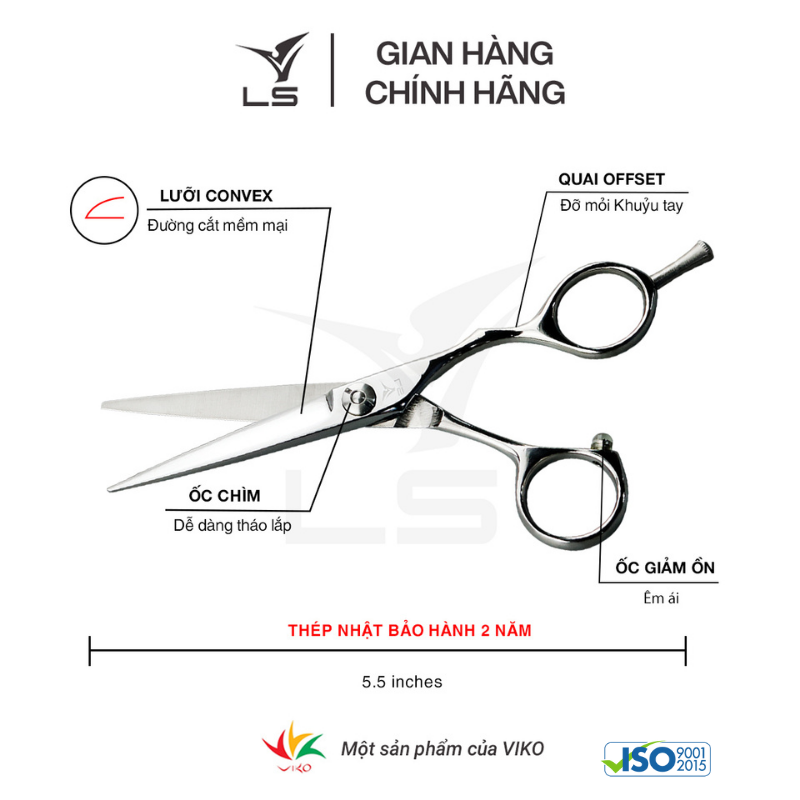 Kéo cắt tóc LS lưỡi thẳng quai offset phẳng đỡ ngón tháo rời CB11L/5.5