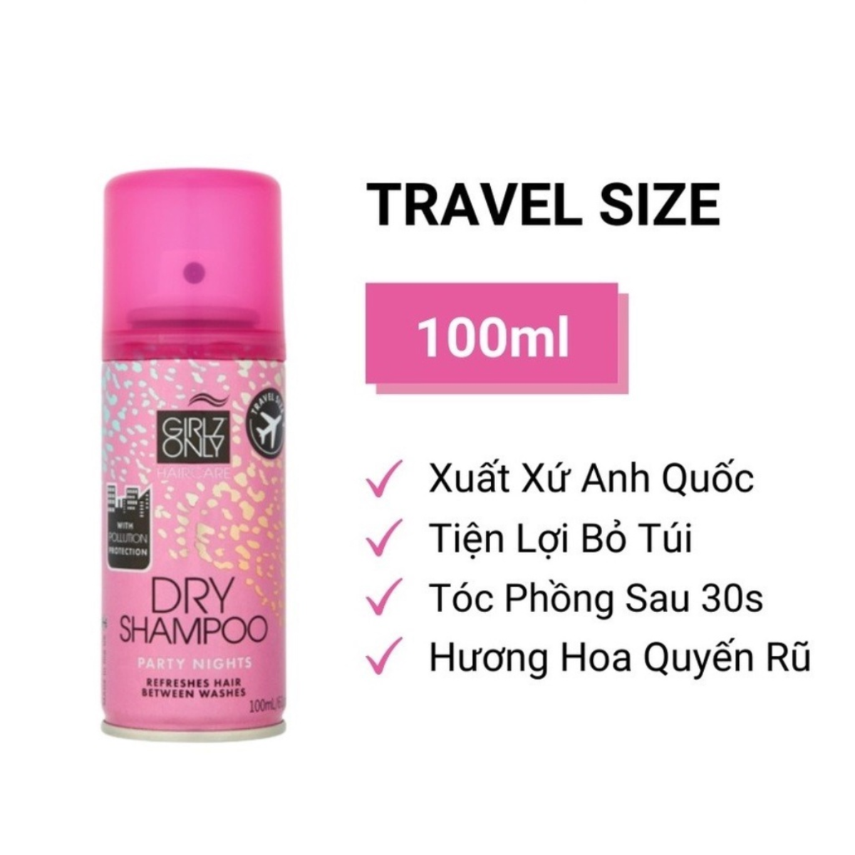 Dầu Gội Khô Girlz Only Xịt Tóc Gội Đầu Khô Dry Shampoo (Hồng) Không Bết Sạch Dầu Bồng Bềnh 100ml/Chai