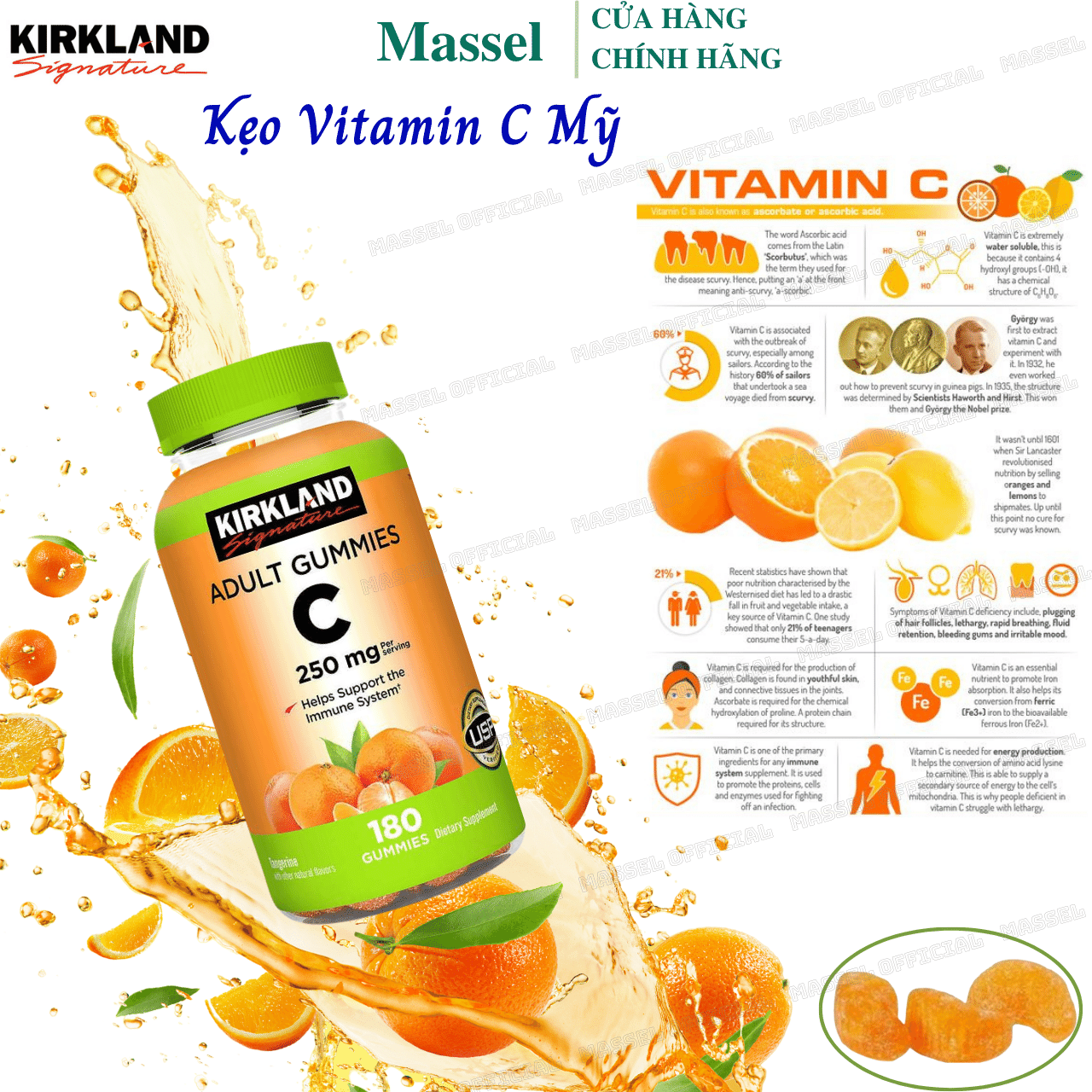 Kẹo Dẻo Vitamin C 250mg Kirkland Adult Gummies 180 Viên Của Mỹ - Tăng Cường Sức Đề Kháng và Hệ Miễn Dịch, Cho Làn Da Trắng Sáng Mịn Màng, Mờ Sẹo, Giảm Thâm, Nám, Mụn - Massel Official