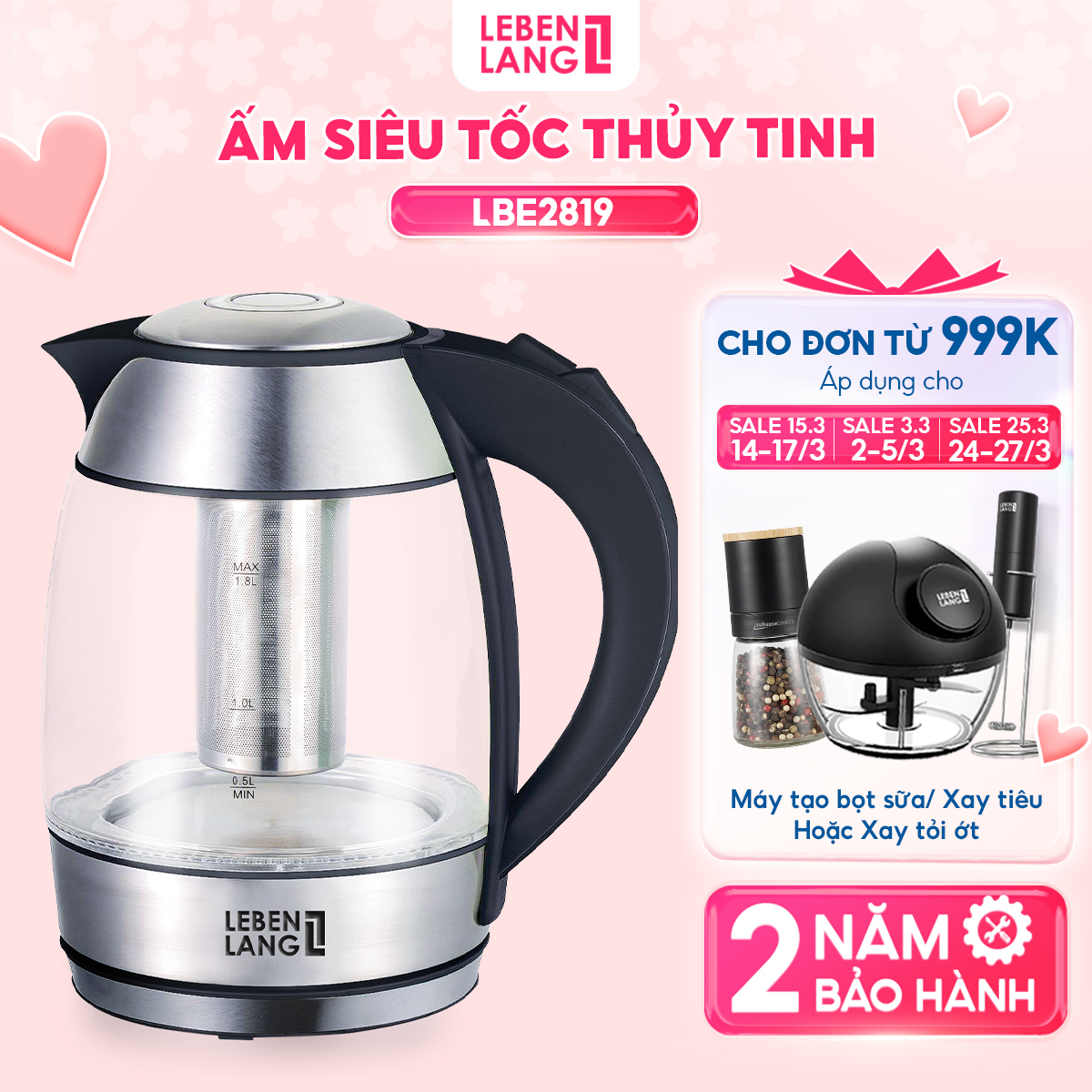 Ấm siêu tốc thuỷ tinh 1,8lit Lebenlang LBE2819 (hàng chính hãng)