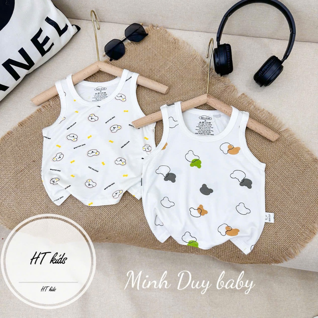 [4-14kg] Áo Ba Lỗ Sát Nách THUN LẠNH PETIT Trắng Họa Tiết Dễ Thương Cho Bé