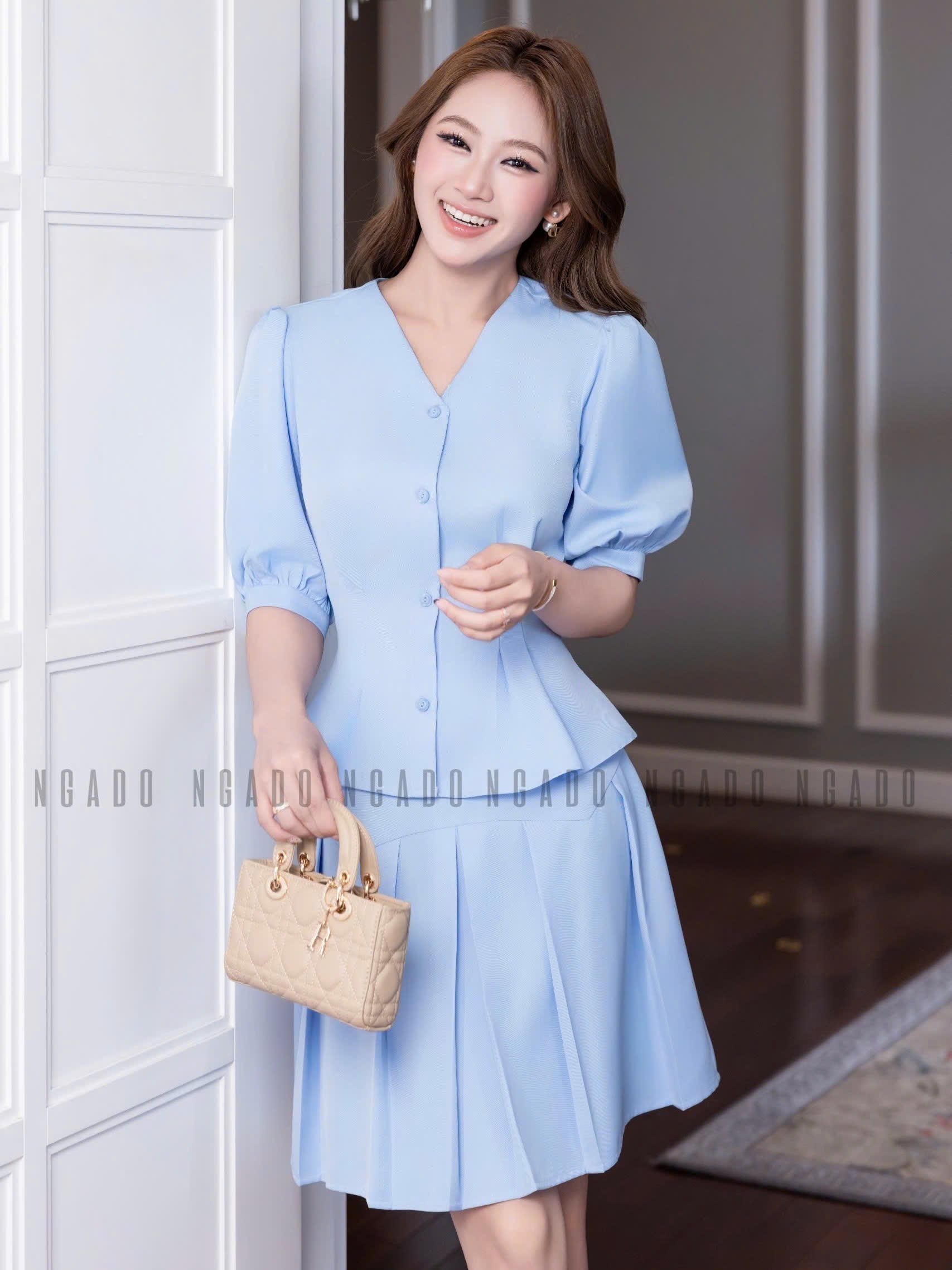 Set áo váy xanh biển tay lửng NGADO , set áo váy kiểu , set áo váy Nữ