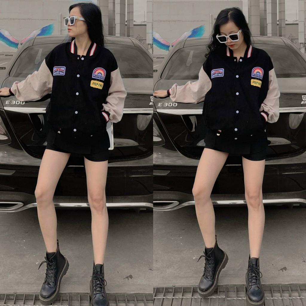 Áo Khoác Bomber Unisex Chất Nhung Tăm Tay Bo Chun Form Rộng Phối 2 Màu Thêu Deep End Nam Nữ Ulzzang, Labibi