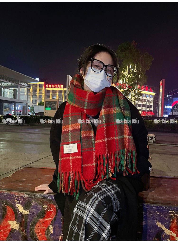 Khăn len choàng cổ nữ màu đỏ xanh hàng cao cấp