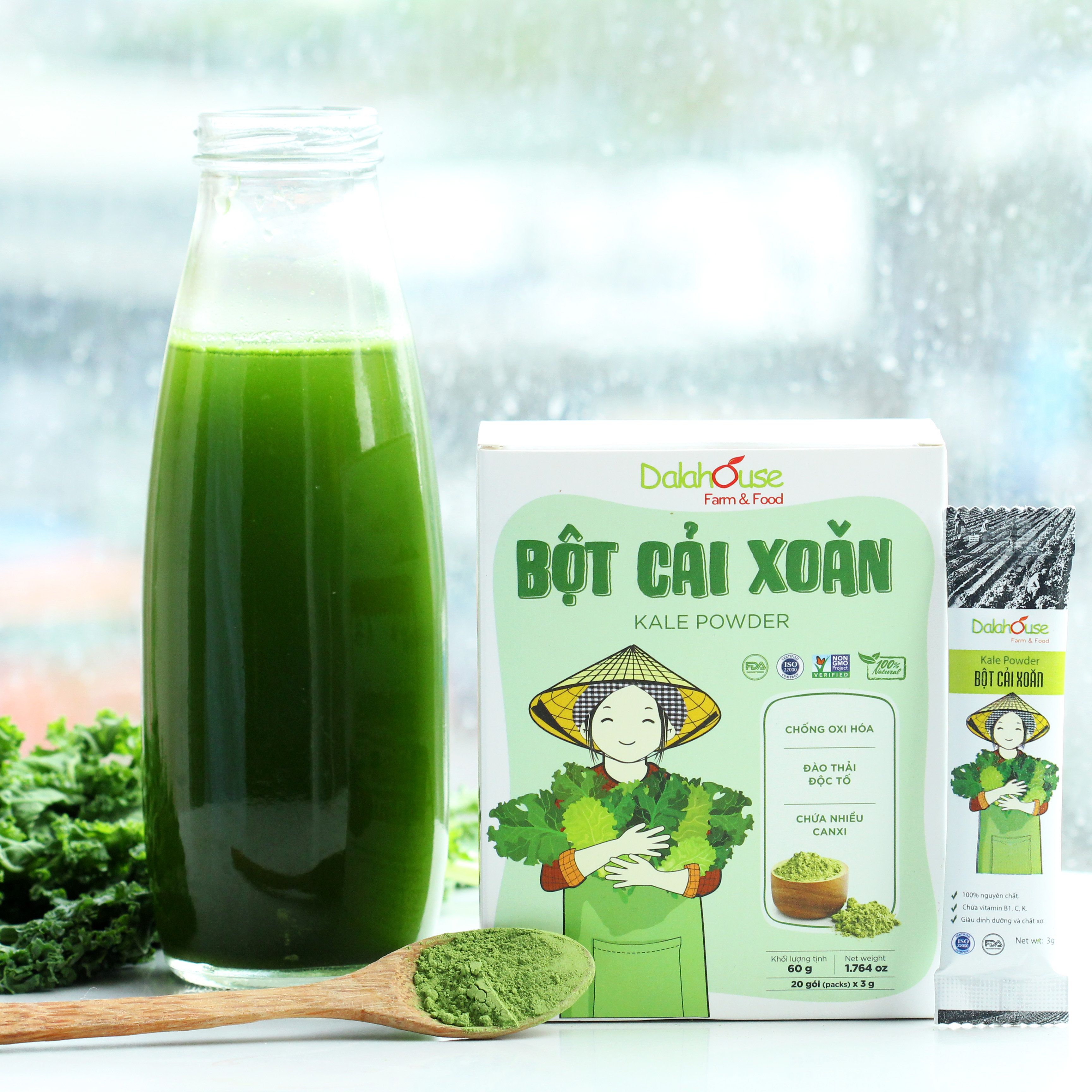 Bột Cải Xoăn(Kale) Nguyên Chất Sấy Lạnh Dalahouse-Đào Thải Độc Tố, Chống Oxy Hóa, Bổ Sung Canxi Cho Cơ Thể-Hộp 60g (20 Gói x 3 g)