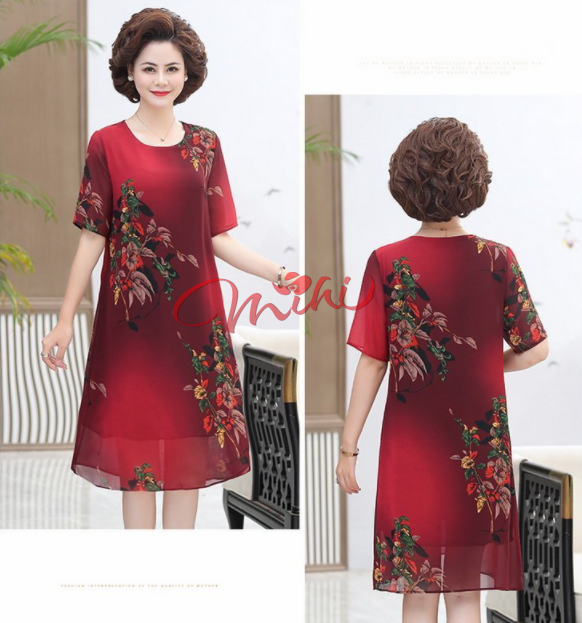 Đầm dự tiệc sang trọng V54 - Váy nữ trung tuổi cho mẹ voan dáng suông - Áo đầm dạ hội cao cấp cho người lớn tuổi U40 U50