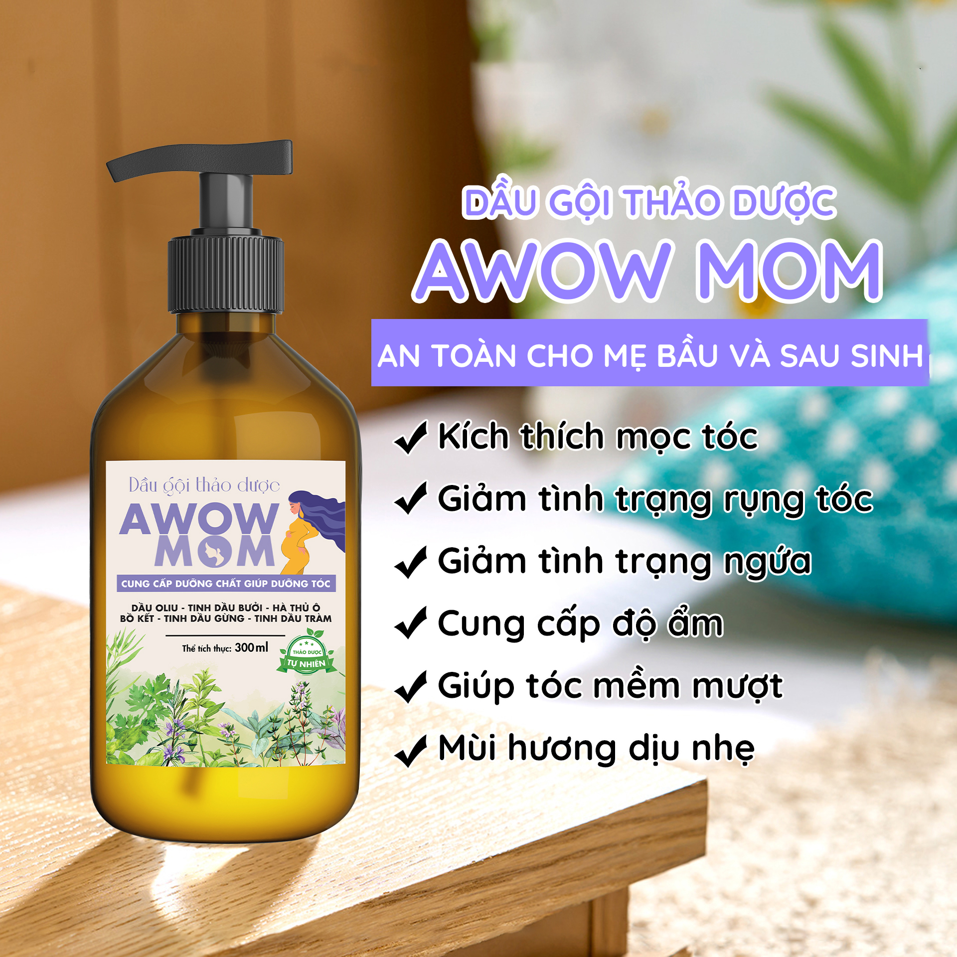 Dầu Gội Thảo Dược AWOW MOM - Dầu Gội Dành Cho Mẹ Bầu, Mẹ Sau Sinh An Toàn Lành Tính 300ml