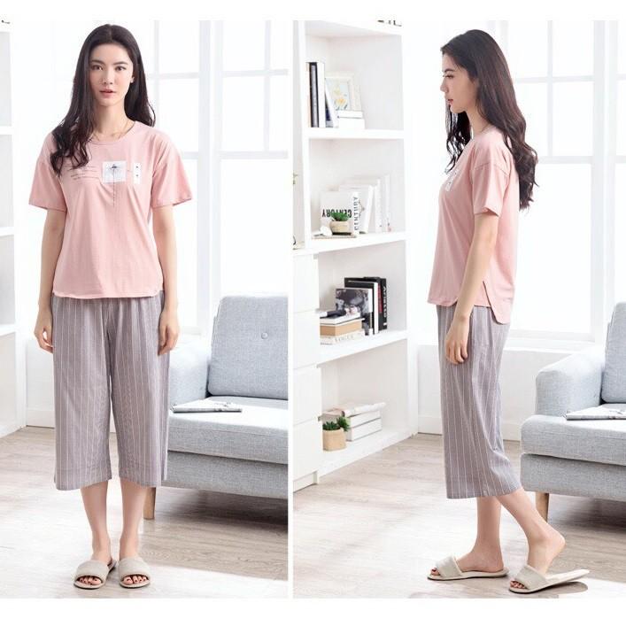 Bộ lửng nữ thun cotton hồng nude họa tiết quần kẻ