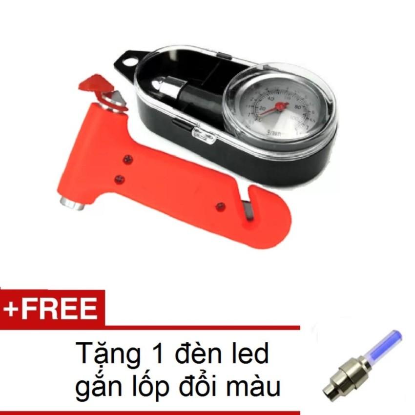 Bộ Đồng Hồ Đo Áp Suất Lốp Xe và Búa Thoát Hiểm Trên Xe Ôto 206069 206206 + Tặng 1 đèn led gắn van xe đổi màu 206131