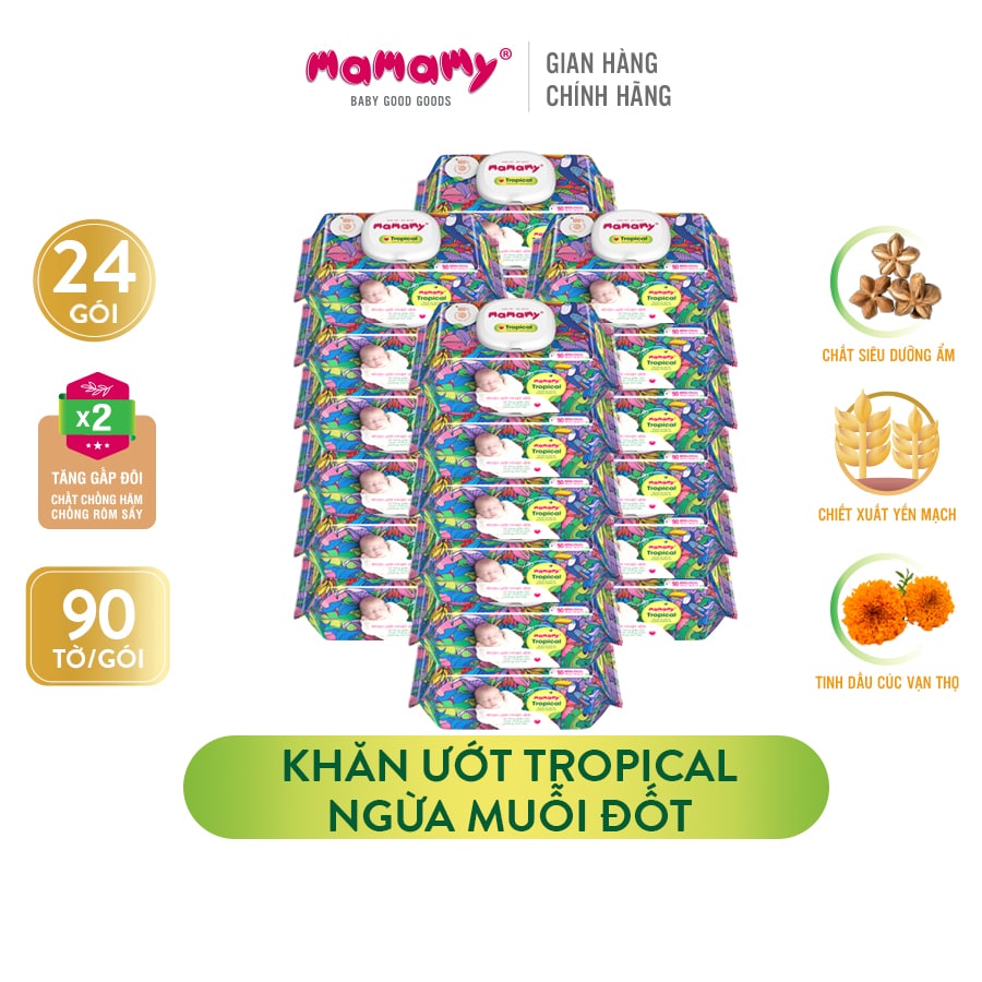 Khăn ướt Mamamy Tropical Premium tinh dầu cúc vạn thọ/ không mùi - Combo 6 gói có nắp 90 tờ