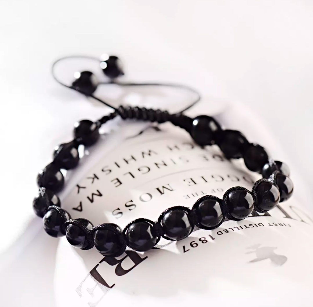 Vòng tay phong thủy đá huyền thạch đen thiên nhiên kết dây cotton phong cách Hàn Quốc