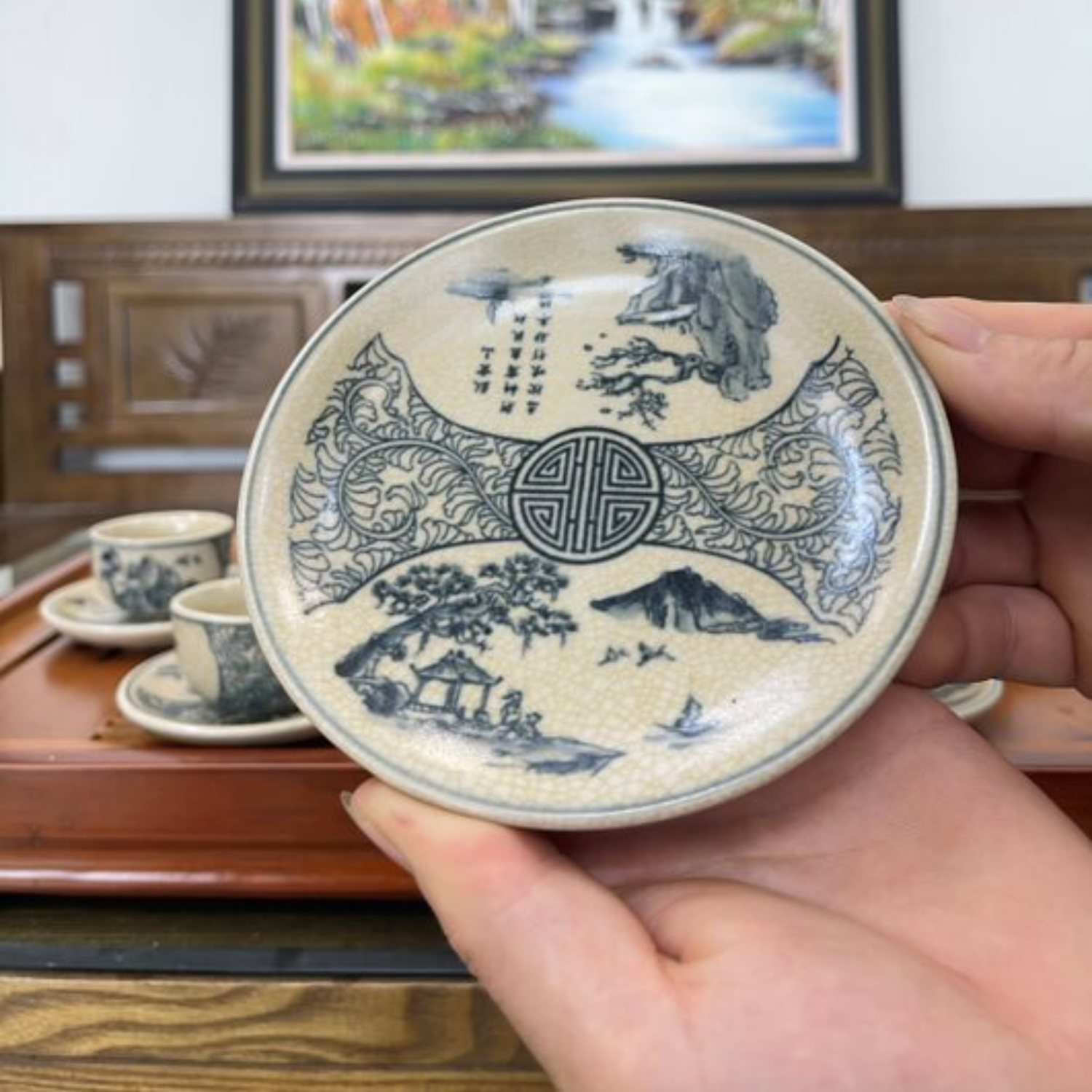 Bộ ấm chén uống trà cao cấp , bộ ấm trà Bát Tràng - sơn thủy hữu tình