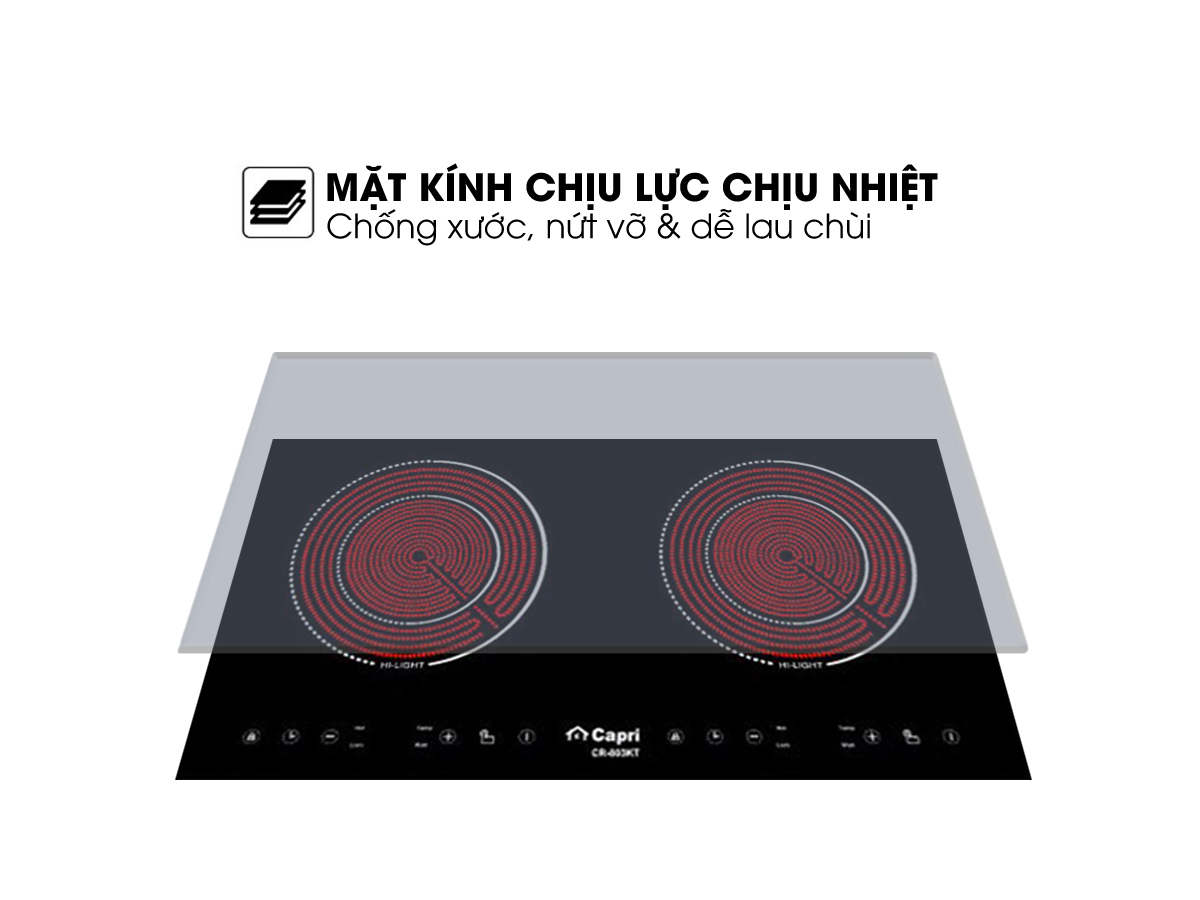 Bếp hồng ngoại đôi Capri CR-803KT | Hàng chính hãng | Nhập khẩu Malaysia | Thiết kế bo viền kim loại sang trọng