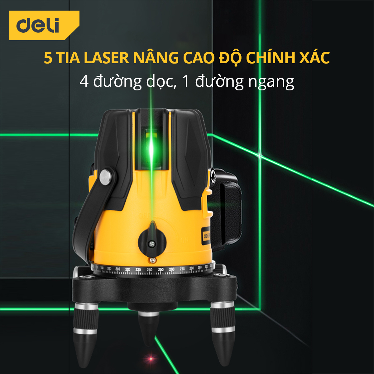 Máy Cân Bằng Laser 5 Tia Màu Xanh DELI - Chế Độ Pin Kép, Chống Nước, Chống Bụi - Đầy Đủ Phụ Kiện - DL4163