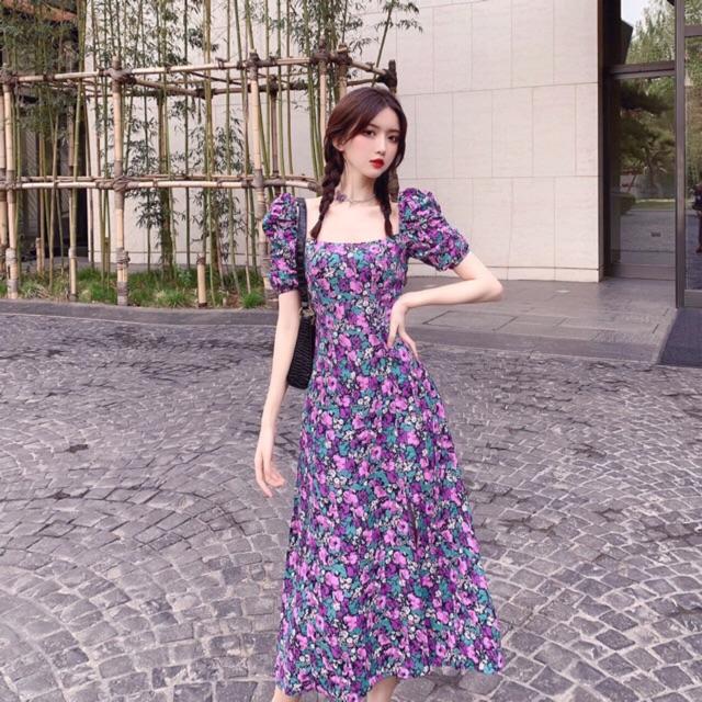 Có size XL - Đầm xoè hoa tím Tiểu Thư Xinh Xắn vải lụa mango Cao CấpMM MM