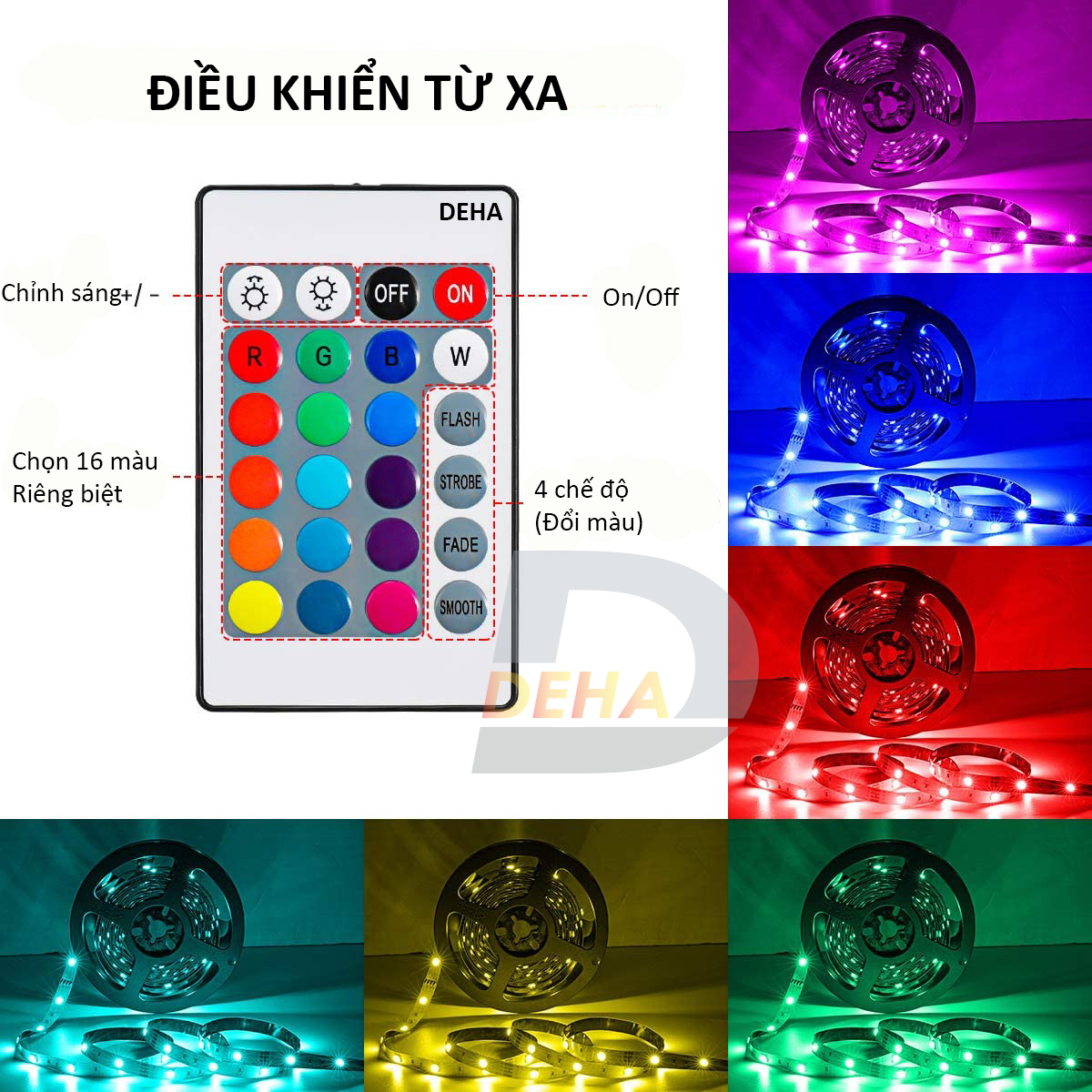 Bộ đèn Led dây dán RGB đổi màu điều khiển từ xa chọn màu đứng yên, nhấp nháy strip light trang trí quay Tiktok dán tường, bàn máy tính, chống nước bền đẹp (Tùy chọn loại led, chiều dài dây)