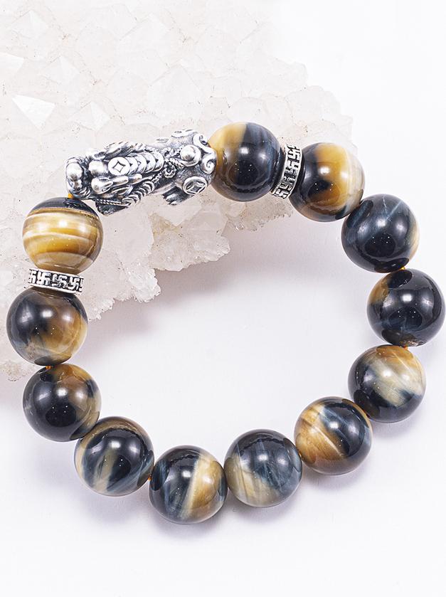 Vòng Tay Phong Thủy Nam Đá Mắt Chim Ưng Phối Charm Tỳ Hưu Bạc  Mệnh Thủy, Mộc Ngọc Quý Gemstones