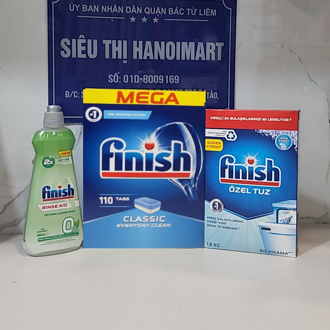 Combo 120 Viên rửa bát Finish All in 1+ Bóng Finish eco 400ml + 1.5kg Muối finish chuyên dùng cho máy