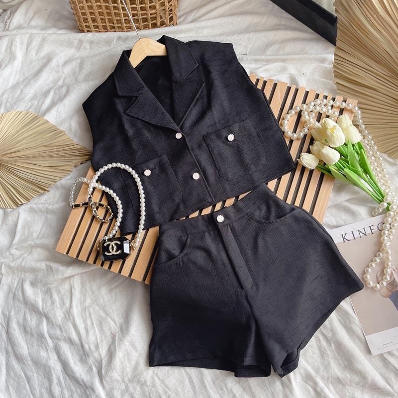 SET CROP BỐ CỔ VEST ĐÍNH NÚT + SHORT