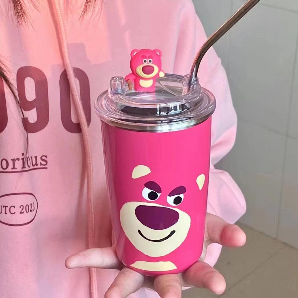 Cốc giữ nhiệt, ly giữ nhiệt Gấu Dâu Lotso tặng kèm ống hút dung tích 450ml chất liệu inox cao cấp giữ nhiệt từ 8-12 giờ