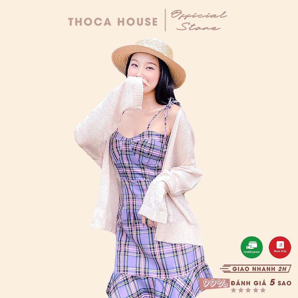 Áo khoác cardigan mỏng dáng dài len trơn kem, nâu, trắng THOCA HOUSE vintage khoác ngoài đi biển, du lịch