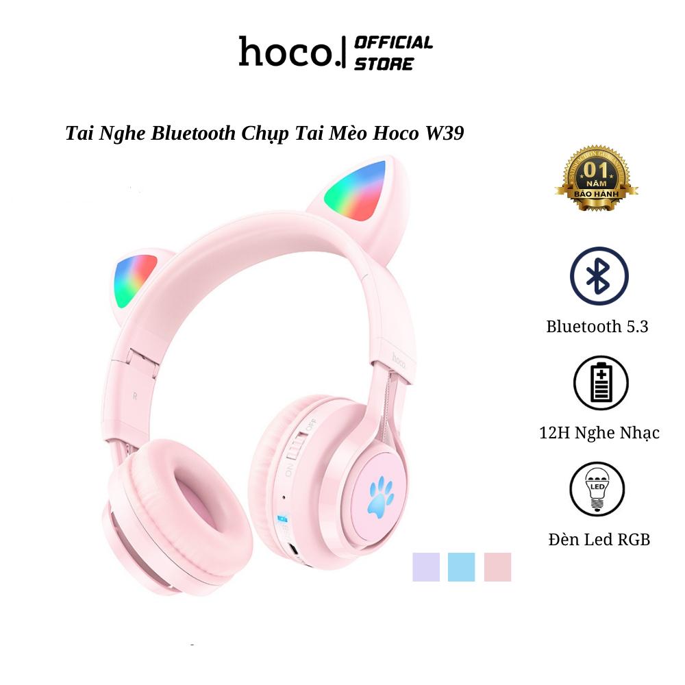 Tai nghe chụp tai mèo không dây Bluetooth Hoco W39, tai nghe có đèn led cho trẻ em, 10h nghe nhạc hàng chính hãng Hoco Mall