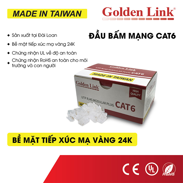 Đầu Bấm Mạng RJ45 CAT6 Golden Link – 100PCS - (100 cái/ hộp) - Hàng chính hãng