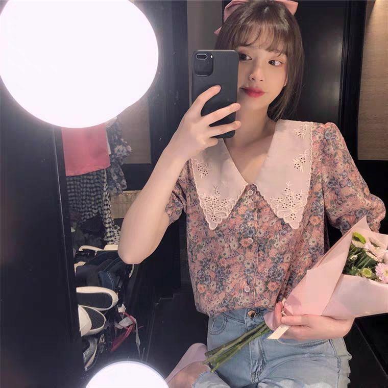 Áo sơ mi nữ cổ búp bê tay phồng phong cách tiểu thư, áo ngắn tay kiểu Pháp đẹp và ngọt ngào, cổ tích - Kemi