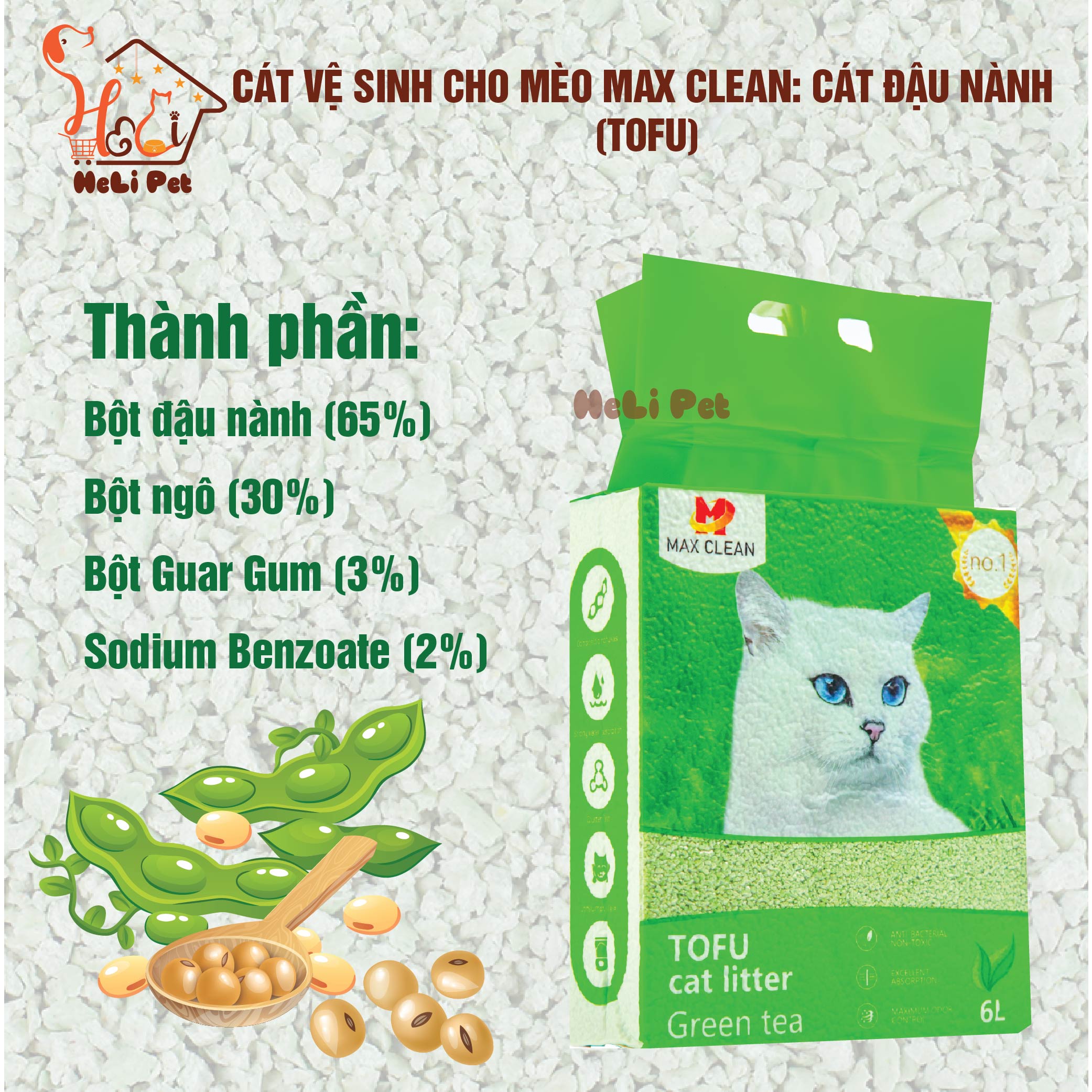 Cát Đậu Nành Max Clean Hương TRÀ XANH Cát Vệ Sinh Cao Cấp Cho Mèo Siêu Vón Cục Không Bụi , Tan Trong Nước