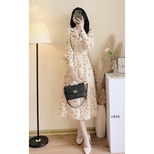 ĐẦM MIDI HOA NHÍ CỔ SƠ MI BO EO THANH LỊCH