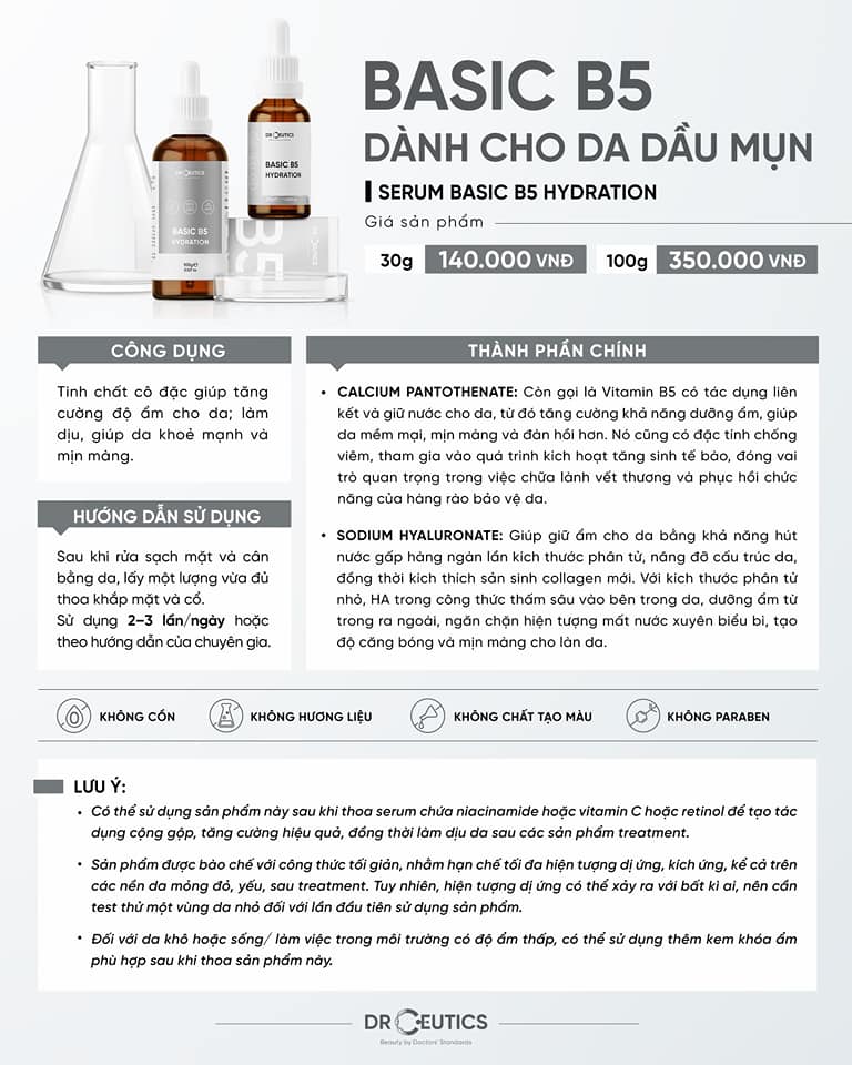 Serum B5 Basic Hydration 5% DrCeutics Cho Da Dầu Mụn 30ml