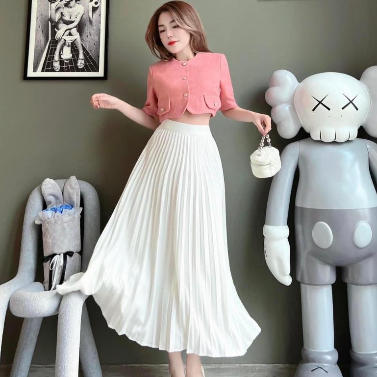 Sét áo croptop nút bọc + Chân váy dài dập ly đi chơi siêu sang trọng CSB103 Thời Trang