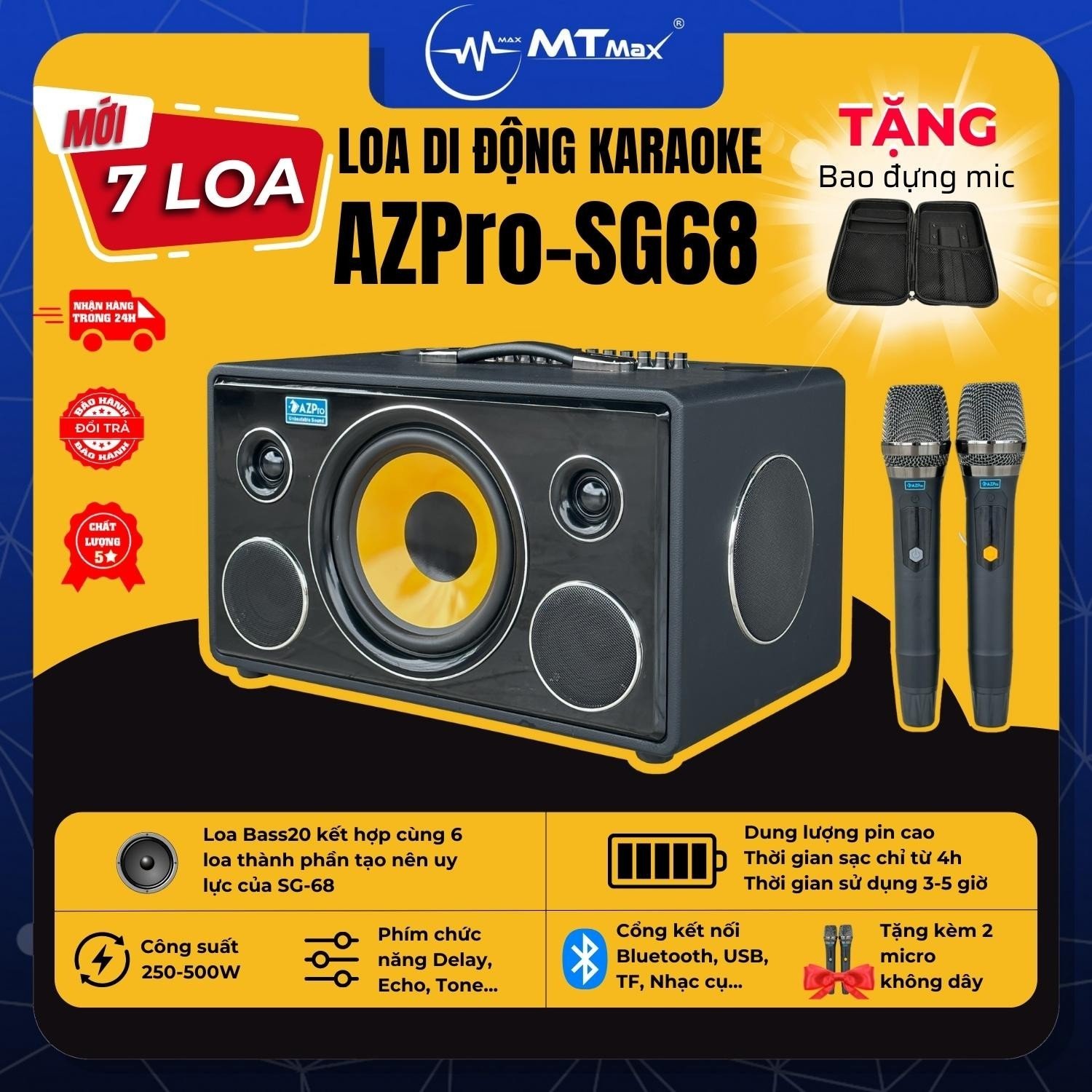 Loa Di Động AZPro SG68 – Công Suất Lớn Hệ Thống 7 Loa 3 Đường Tiếng Âm Thanh Đa Hướng Kèm 2 Micro Cao Cấp Hàng Chính Hãng