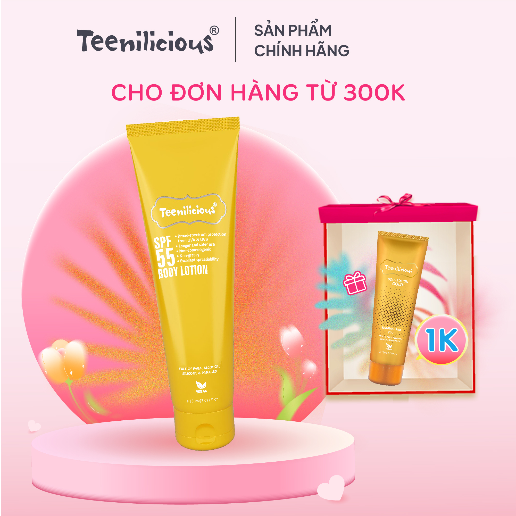 Sữa Dưỡng Thể Chống Nắng Teenilicious SPF55 Body Lotion, PA+++, Dành Cho Da Dầu Và Nhạy Cảm - 150ml