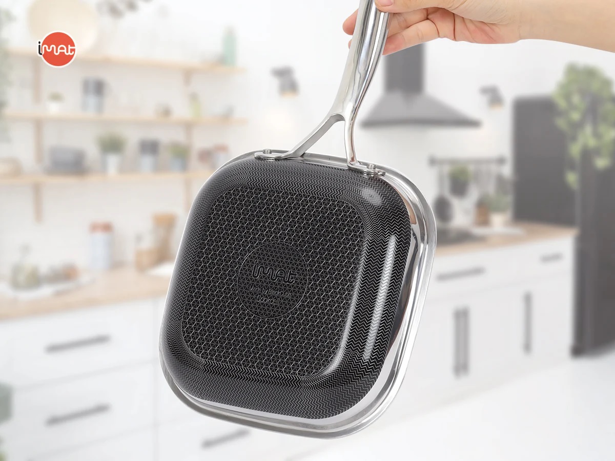 [Hàng chính hãng-iMat hybrid inox] Chảo chiên vuông iMat Hybrid 20cm chống dính gốm Ceramic đen
