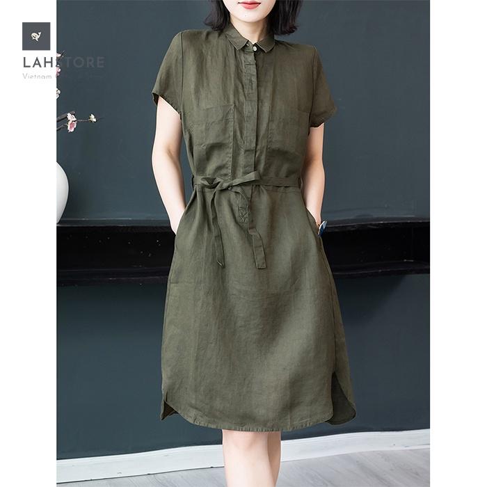Đầm suông linen cổ đức bổ trụ 2 túi ốp ngực LAHSTORE phong cách Hàn Quốc
