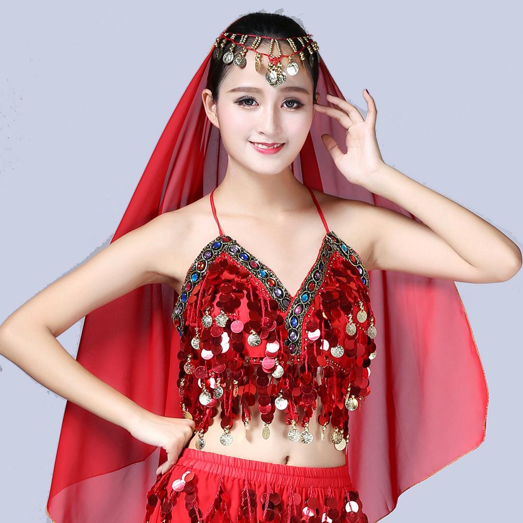Womens Sparkling Belly Dance Bra Sequins Tassel Coins Top Samba Dancing Costume