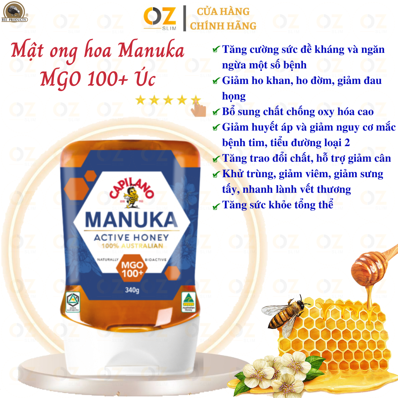 Mật ong hoa Manuka Capilano Active Honey MGO 100+ tăng sức đề kháng, giảm ho, viên họng, dưỡng ẩm da và môi cang mềm mịn (340g/chai) - OZ Slim Store