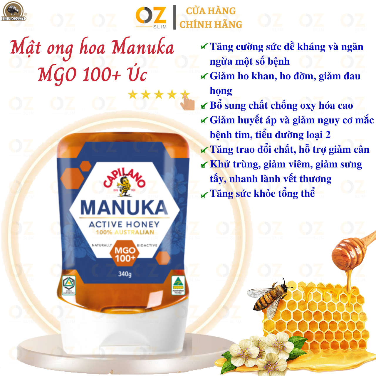 Mật ong hoa Manuka Capilano Active Honey MGO 100+ tăng sức đề kháng, giảm ho, viên họng, dưỡng ẩm da và môi cang mềm mịn - OZ Slim Store