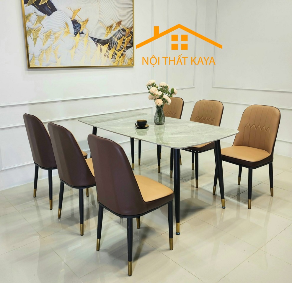 Bộ Bàn Mặt Đá Ceramic Chân Neva 90cm x 160cm x 75cm  6 Ghế Nhập Khẩu KY-GH03