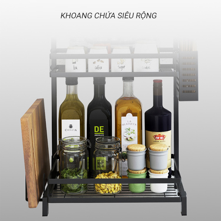 Kệ gia vị chữ E cao cấp VANDO bằng thép carbon chống gỉ, chống xước, kệ đựng chai lọ gia vị đa năng, kệ để đồ nhà bếp gọn gàng, sang trọng