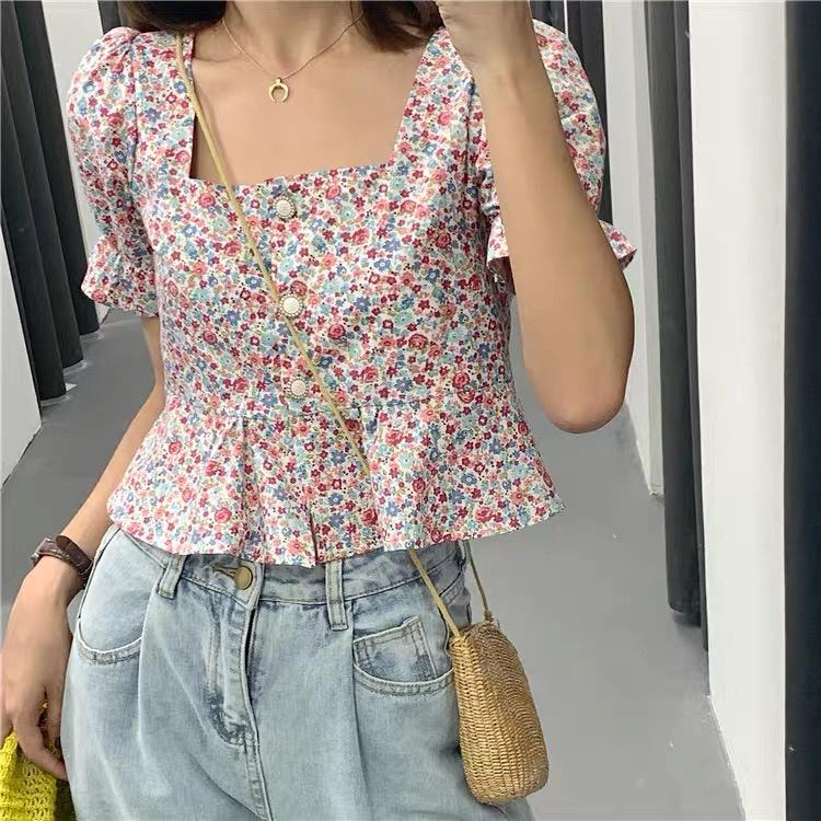 MS256 Áo kiểu nữ babydoll hoa nhí cổ vuông