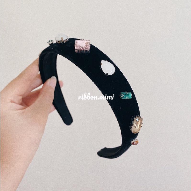 Băng Đô Cài Tóc Bản To Đính Hạt Handmade Vải Nhung Đen Cao Cấp Ribbon.mimi Cài Tóc