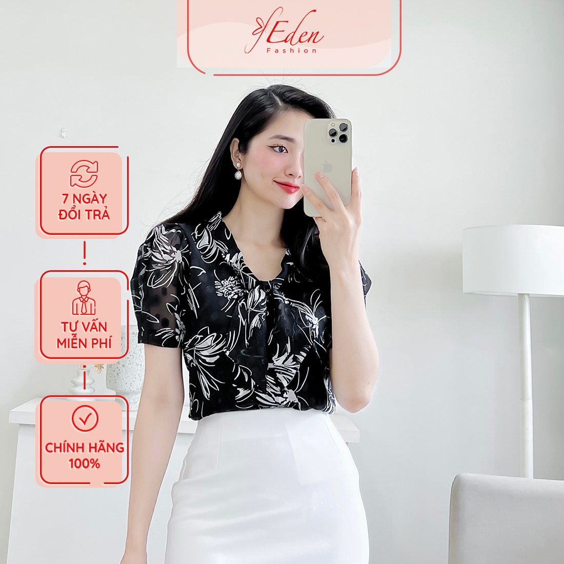 Áo kiểu công sở dáng suông nơ cổ in họa tiết hoa thời trang Eden - ASM207