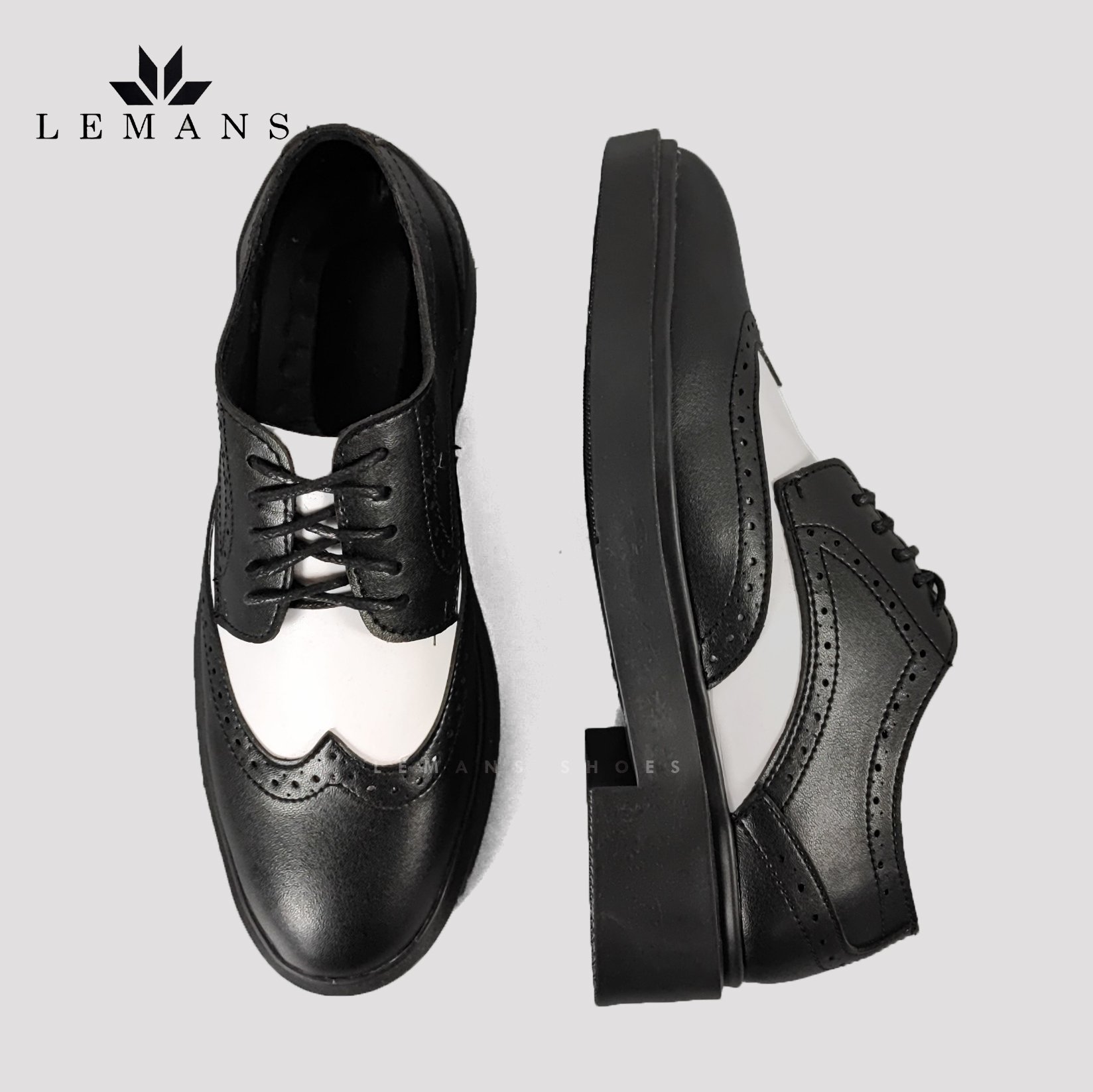 [TẶNG XI TRẮNG] Giày Derby Wingtip Black White LEMANS, Da bò đế Lemans tăng cao 4cm Bảo hành 12-24 tháng