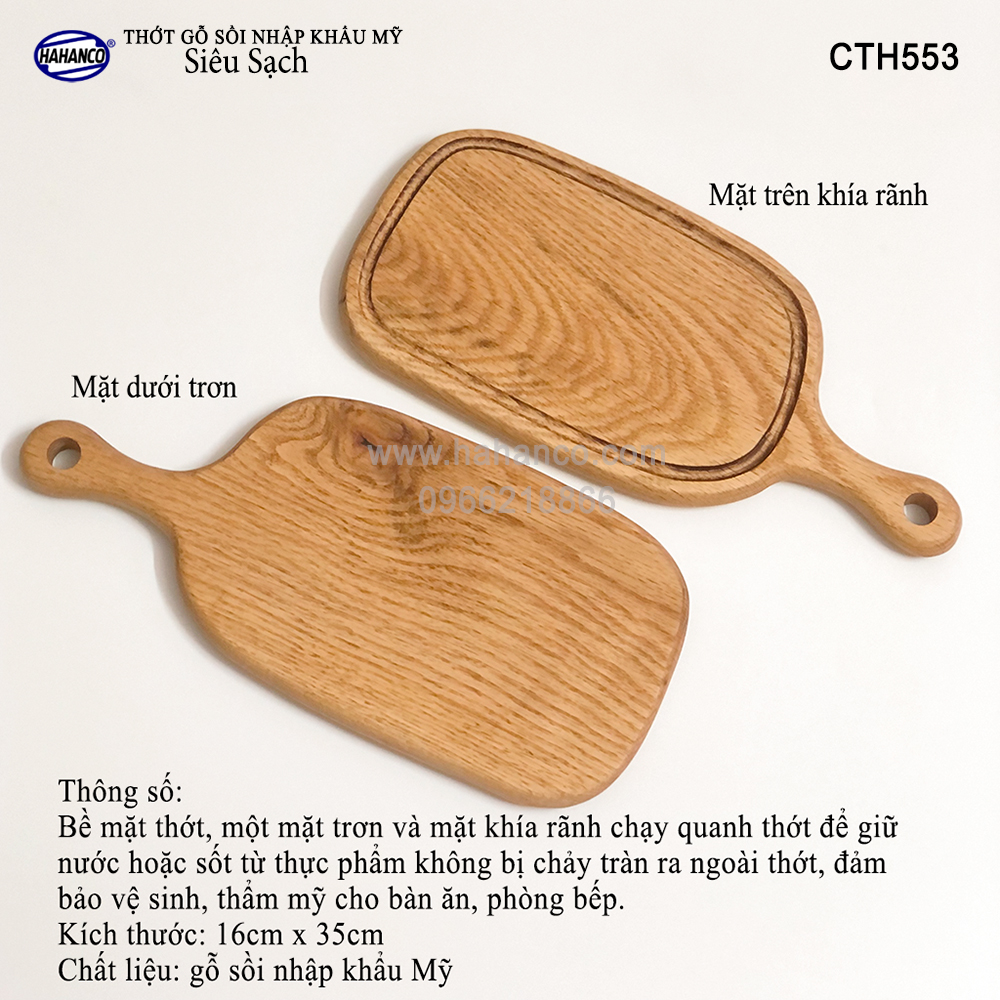 Thớt tay cầm gỗ Sồi Mỹ (OAK) có rãnh bao quanh tiện dụng (CTH553) hàng Xuất Khẩu Châu Âu - khay bánh mì/trái cây/ bít tết/ pizza/ phụ kiện chụp ảnh, bày món ăn trong nhà hàng - Sang trọng trên bàn ăn - HAHANCO