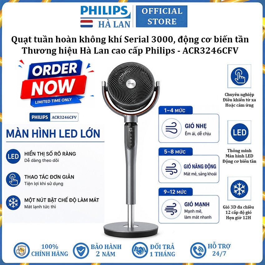 Quạt tuần hoàn không khí 3D động cơ biến tần DC chuyên nghiệp thương hiệu Hà Lan cao cấp Philips ACR3246CFV Serial 3000 - Hàng chính hãng