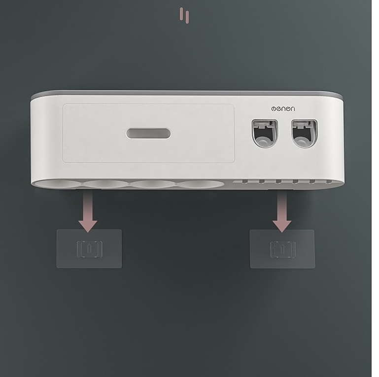 Giá treo bàn chải đánh răng OENON liền 2 nhả kem tự động kèm 4 cốc hút từ tính lắp đặt dán tường gạch men